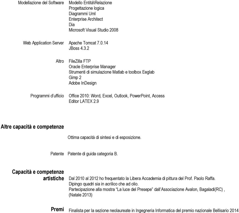 LATEX 2.9 Altre capacità e competenze Ottima capacità di sintesi e di esposizione. Patente Patente di guida categoria B.