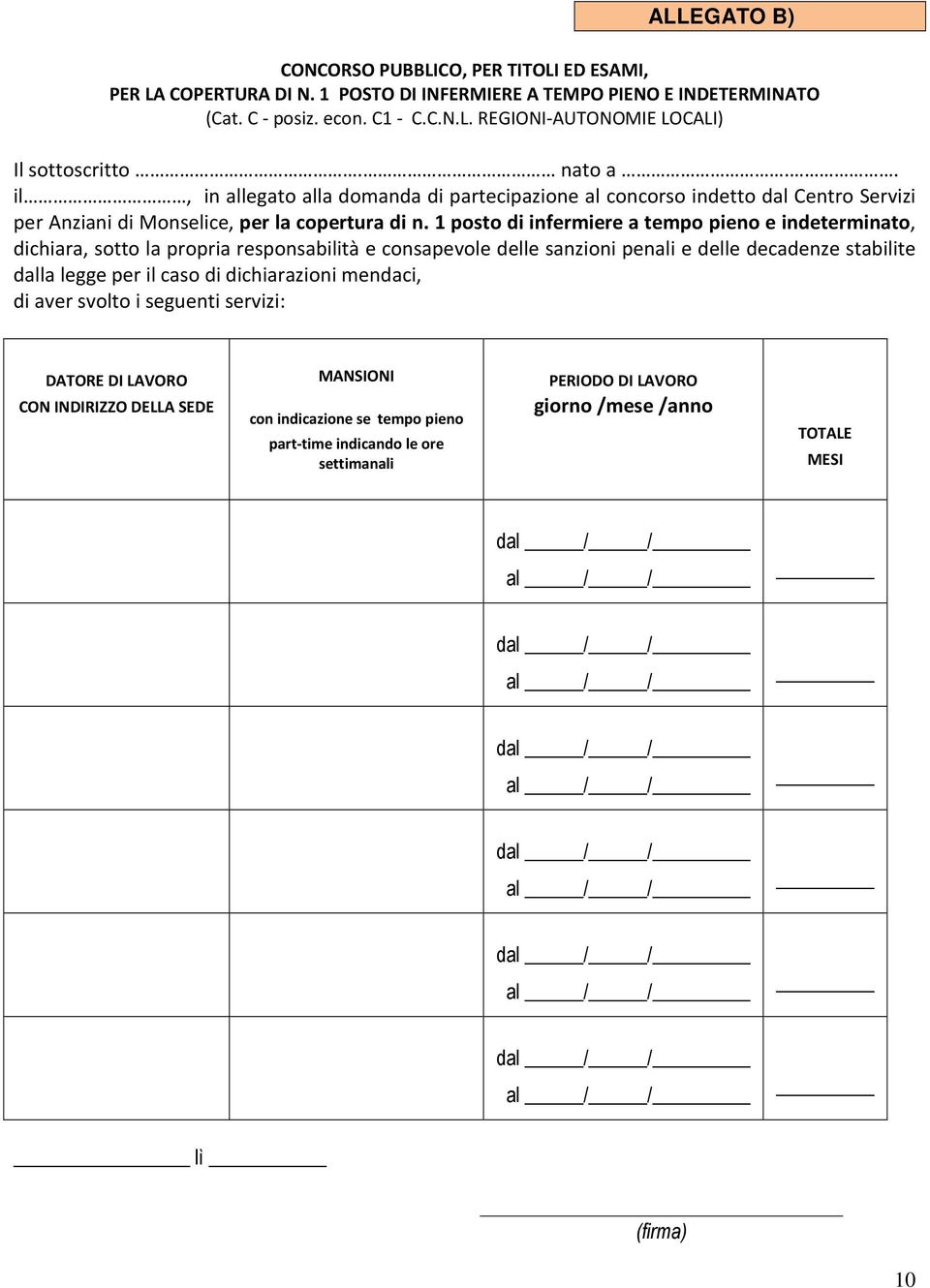 1 posto di infermiere a tempo pieno e indeterminato, dichiara, sotto la propria responsabilità e consapevole delle sanzioni penali e delle decadenze stabilite dalla legge per il caso di