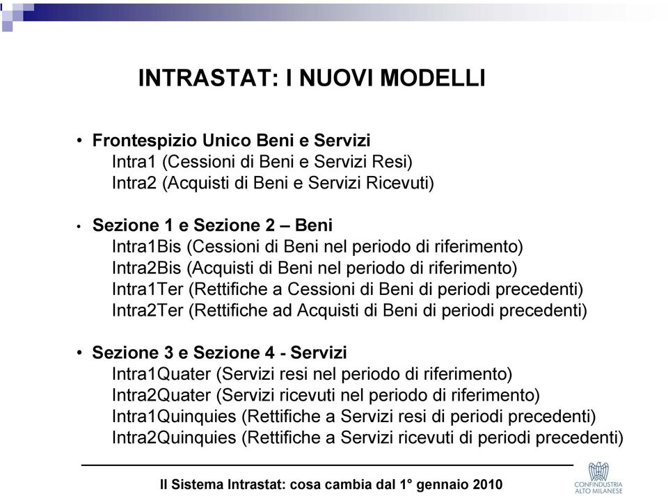 precedenti) Intra2Ter (Rettifiche ad Acquisti di Beni di periodi precedenti) Sezione 3 e Sezione 4 - Servizi Intra1Quater (Servizi resi nel periodo di riferimento)