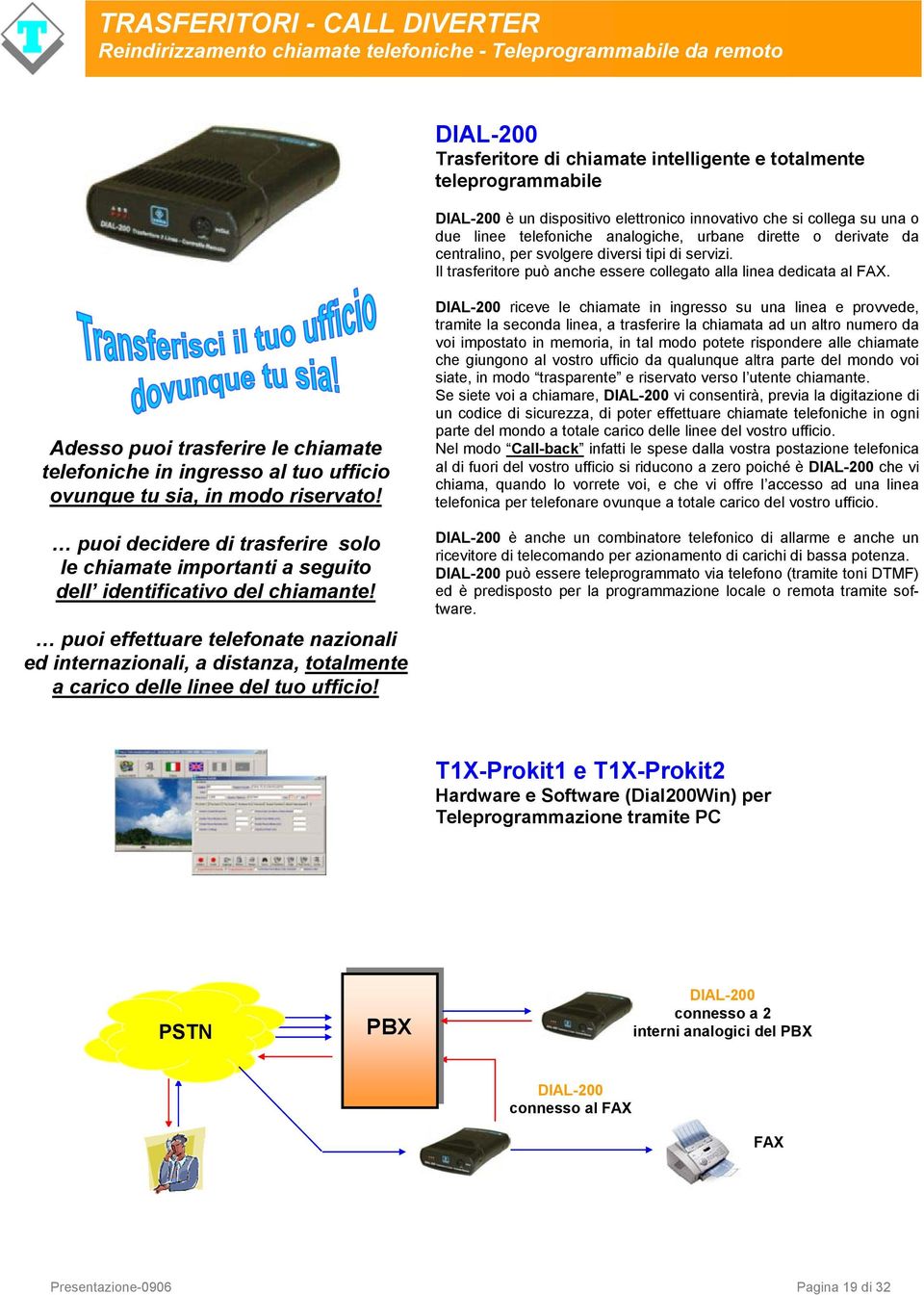 Il trasferitore può anche essere collegato alla linea dedicata al FAX. Adesso puoi trasferire le chiamate telefoniche in ingresso al tuo ufficio ovunque tu sia, in modo riservato!