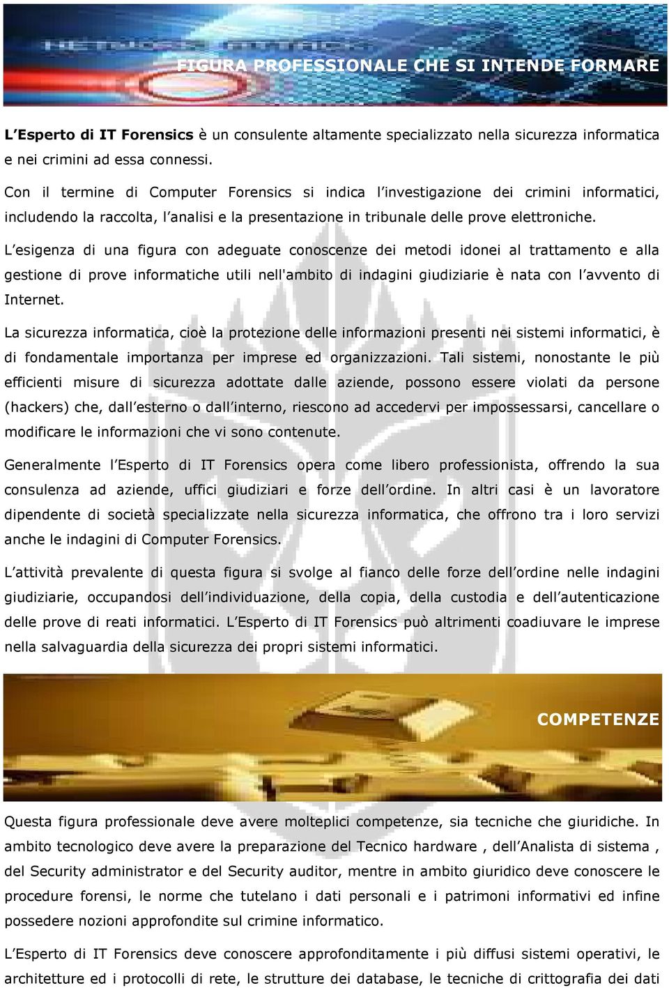 L esigenza di una figura con adeguate conoscenze dei metodi idonei al trattamento e alla gestione di prove informatiche utili nell'ambito di indagini giudiziarie è nata con l avvento di Internet.