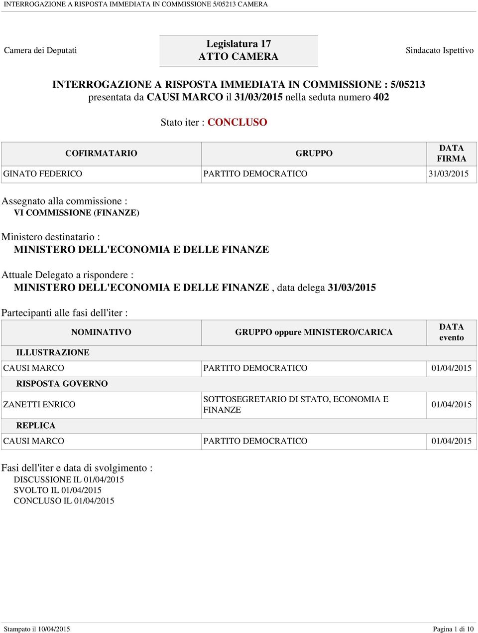 DELL'ECONOMIA E DELLE FINANZE Attuale Delegato a rispondere : MINISTERO DELL'ECONOMIA E DELLE FINANZE, data delega 31/03/2015 Partecipanti alle fasi dell'iter : ILLUSTRAZIONE NOMINATIVO GRUPPO oppure