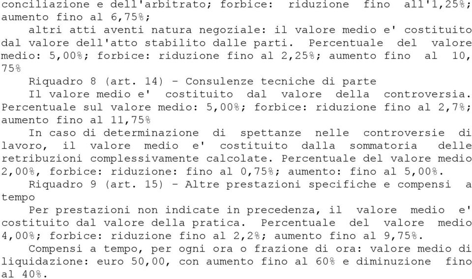 14) - Consulenze tecniche di parte Il valore medio e' costituito dal valore della controversia.