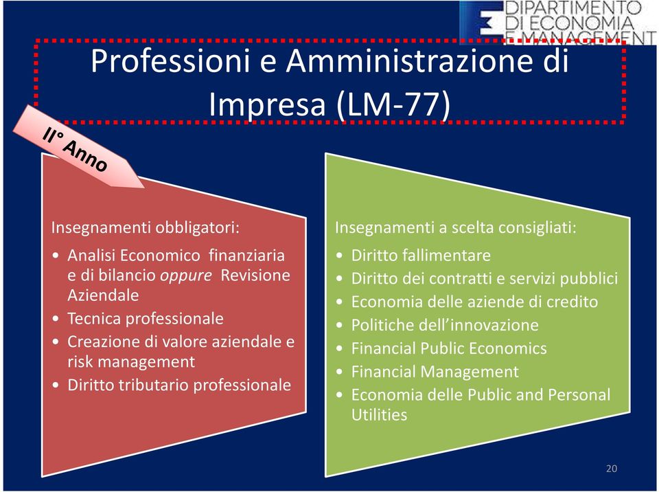 Insegnamenti a scelta consigliati: Diritto fallimentare Diritto dei contratti e servizi pubblici Economia delle aziende di