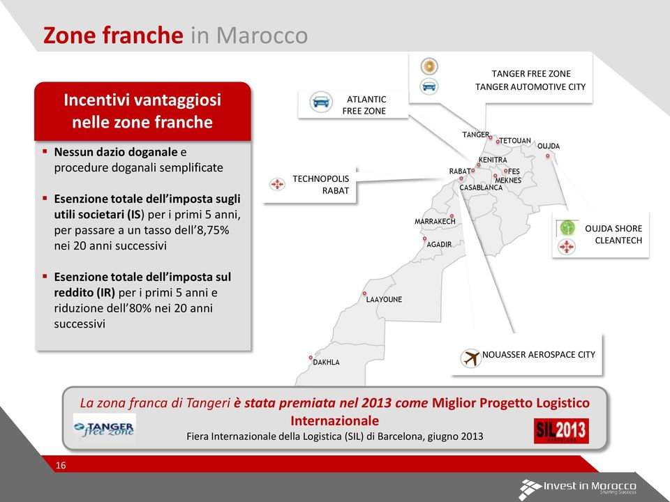 TECHNOPOLIS RABAT ATLANTIC FREE ZONE LAAYOUNE MARRAKECH AGADIR TANGER FREE ZONE TANGER AUTOMOTIVE CITY TANGER KENITRA TETOUAN RABAT FES MEKNES CASABLANCA OUJDA OUJDA SHORE CLEANTECH