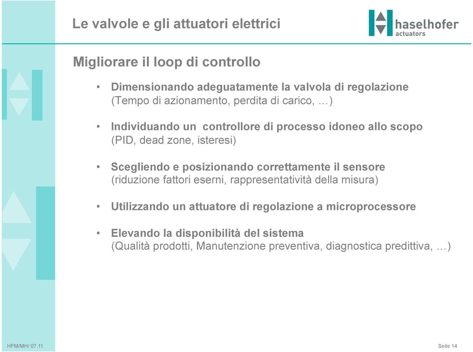 il sensore (riduzione fattori eserni, rappresentatività della misura) Utilizzando un attuatore di regolazione a microprocessore