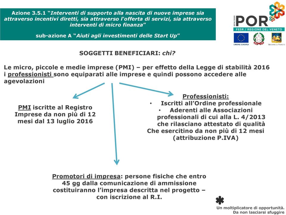 agevolazioni PMIiscritte al Registro Imprese da non più di 12 mesi dal 13 luglio 2016 Professionisti: Iscritti all Ordine professionale Aderenti alle