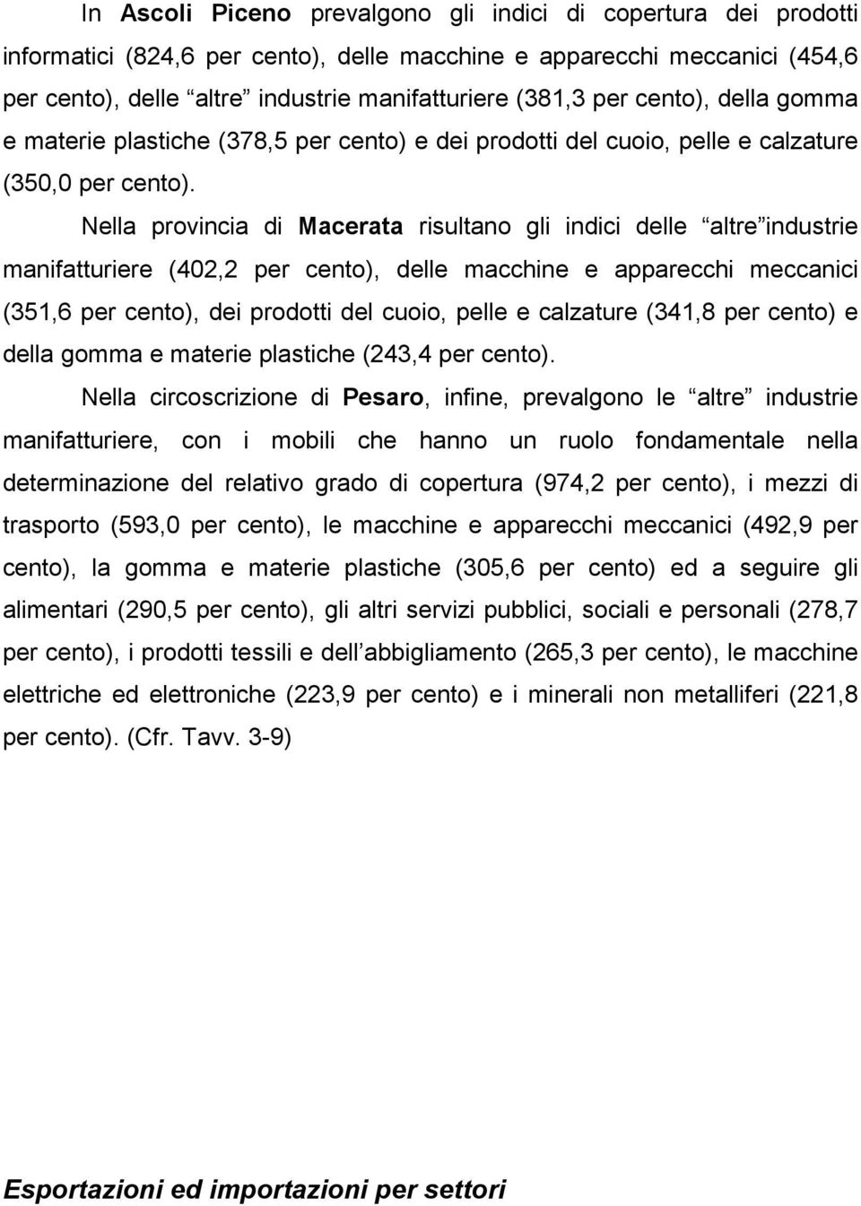 Nella provincia di Macerata risultano gli indici delle altre industrie manifatturiere (402,2 per cento), delle macchine e apparecchi meccanici (351,6 per cento), dei prodotti del cuoio, pelle e