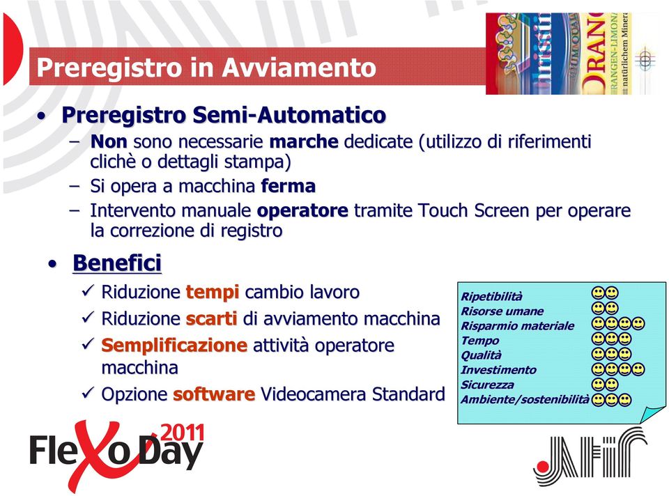 Benefici Riduzione tempi cambio lavoro Riduzione scarti di avviamento macchina Semplificazione attività operatore macchina Opzione