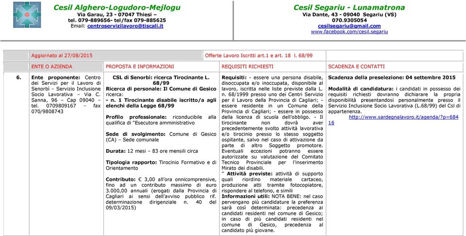 1 Tirocinante disabile iscritto/a agli elenchi della Legge 68/99 Profilo professionale: riconducibile alla qualifica di Esecutore amministrativo Sede di svolgimento: Comune di Gesico (CA) Sede