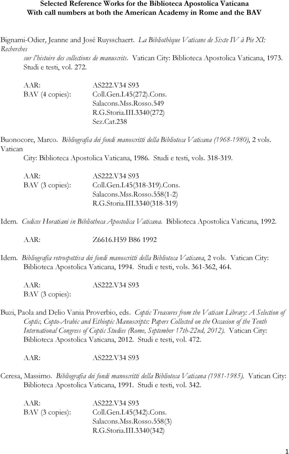 Salacons.Mss.Rosso.549 R.G.Storia.III.3340(272) Sez.Cat.238 Buonocore, Marco. Bibliografia dei fondi manoscritti della Biblioteca a (1968-1980), 2 vols. City: Biblioteca Apostolica a, 1986.