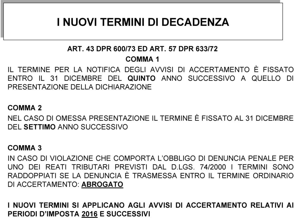 DICHIARAZIONE COMMA 2 NEL CASO DI OMESSA PRESENTAZIONE IL TERMINE È FISSATO AL 31 DICEMBRE DEL SETTIMO ANNO SUCCESSIVO COMMA 3 IN CASO DI VIOLAZIONE CHE COMPORTA L