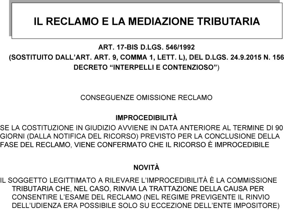 NOTIFICA DEL RICORSO) PREVISTO PER LA CONCLUSIONE DELLA FASE DEL RECLAMO, VIENE CONFERMATO CHE IL RICORSO È IMPROCEDIBILE NOVITÀ IL SOGGETTO LEGITTIMATO A RILEVARE L