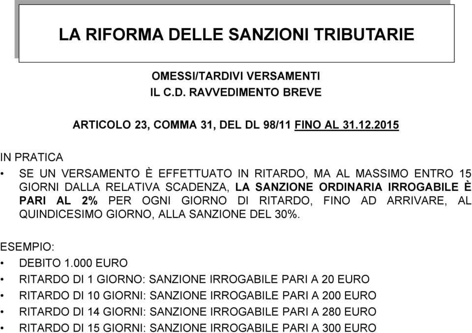 PER OGNI GIORNO DI RITARDO, FINO AD ARRIVARE, AL QUINDICESIMO GIORNO, ALLA SANZIONE DEL 30%. ESEMPIO: DEBITO 1.