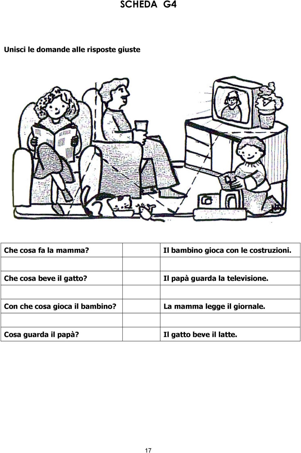 Il papà guarda la televisione. Con che cosa gioca il bambino?