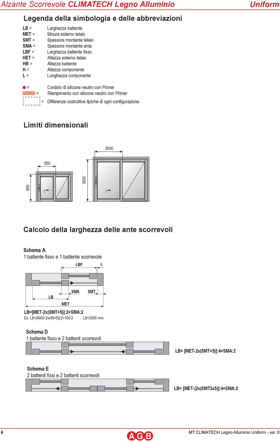 con silicone neutro con Primer = Differenze costruttive tipiche di ogni configurazione Limiti dimensionali 3000 650 800 3000 Calcolo della larghezza delle ante scorrevoli Schema A 1 battente fisso e