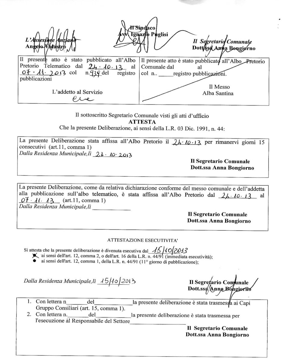 . registro pubblii II Messo Alba Santina fetorio II sottoscritto Segretario Comunale visti gli atti d'ufficio ATTESTA Che la presente Deliberazione, ai sensi della L.R. 03 Die. 1991, n.