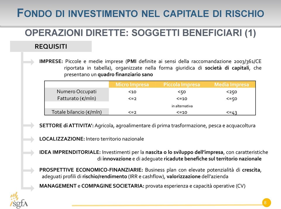 <=2 <=10 <=43 SETTORE di ATTIVITA : Agricla, agralimentare di prima trasfrmazine, pesca e acquacltura LOCALIZZAZIONE: Inter territri nazinale IDEA IMPRENDITORIALE: Investimenti per la nascita l