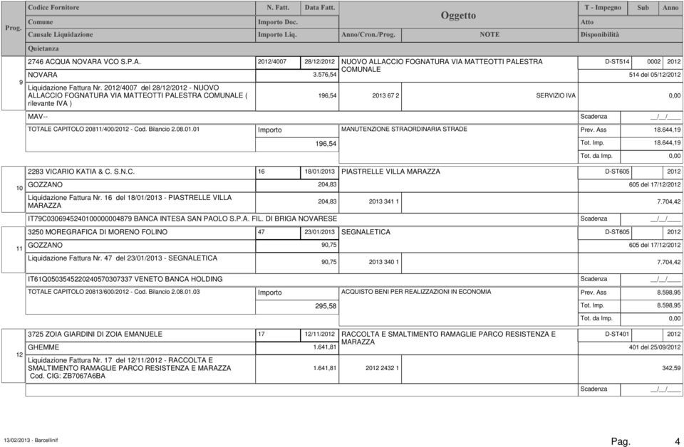 01 /4007 28/12/ NUOVO ALLACCIO FOGNATURA VIA MATTEOTTI PALESTRA D-ST514 0002 3.576,54 COMUNALE 514 del 05/12/ 196,54 2013 67 2 SERVIZIO IVA Importo MANUTENZIONE STRAORDINARIA STRADE Prev. Ass 18.