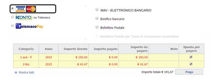 2.4.1 Carta di credito Selezionare l importo da pagare e la forma di pagamento Visa - MasterCard Figura 23 Riepilogo pagamento Scegliere Paga Figura 24 Dettaglio riepilogo pagamento Sarà proposto il