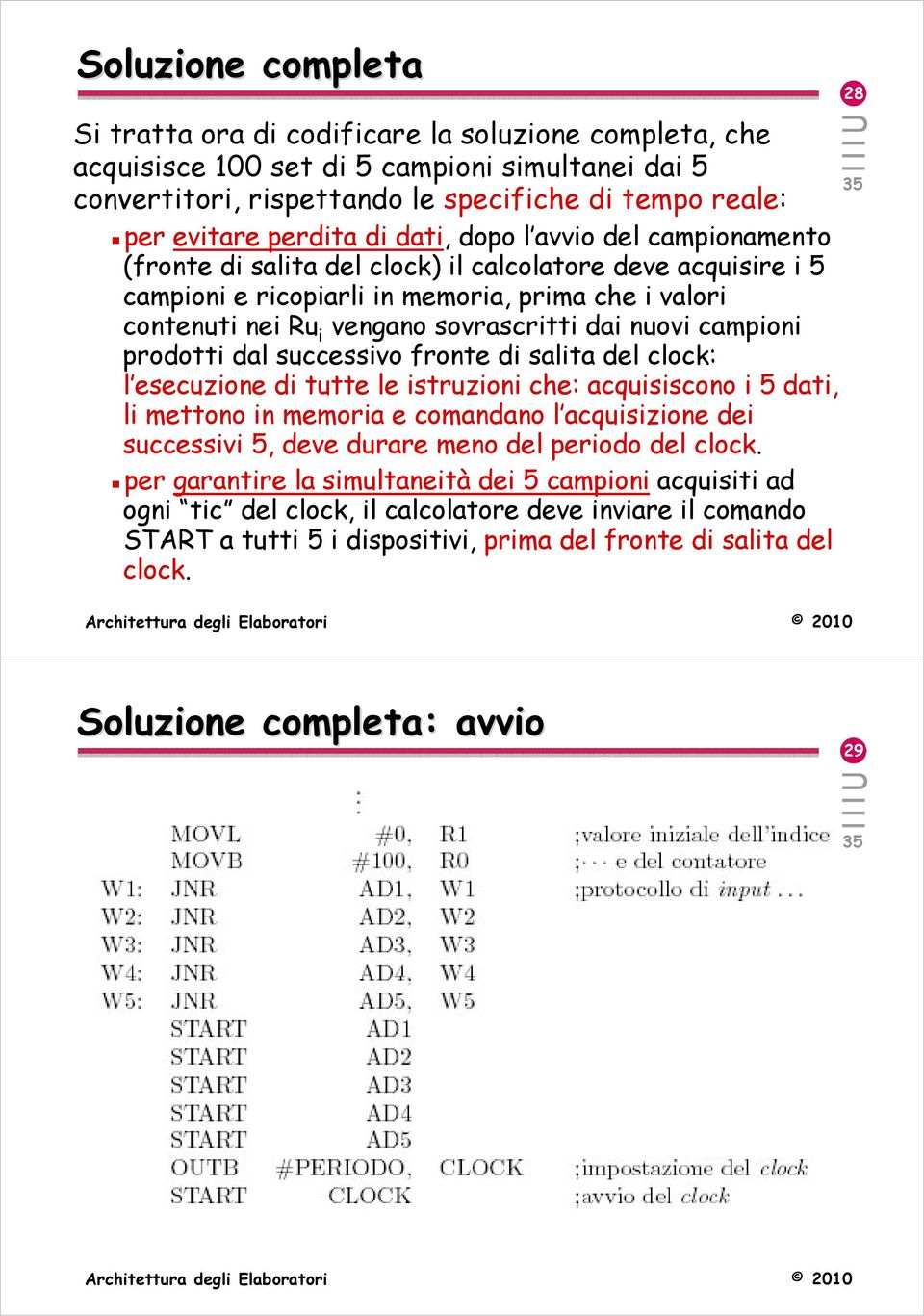 nuovi campioni prodotti dal successivo fronte di salita del clock: l esecuzione di tutte le istruzioni che: acquisiscono i 5 dati, li mettono in memoria e comandano l acquisizione dei successivi 5,