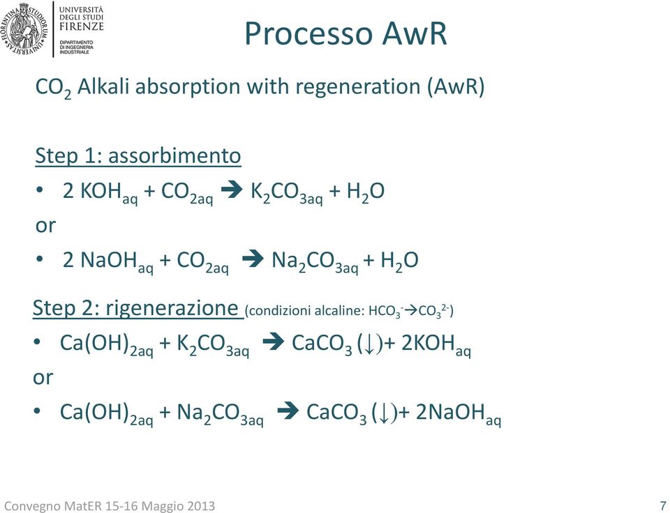 CO 3aq + H 2 O Step 2: rigenerazione (condizioni alcaline: HCO 3- CO 3 2- )