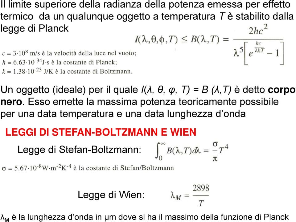 Esso emette la massima potenza teoricamente possibile per una data temperatura e una data lunghezza d onda LEGGI DI