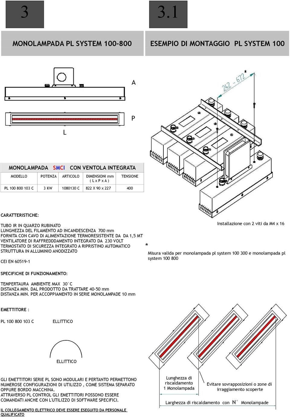 INTEGRATO DA OLT TERMOSTATO DI SICUREZZA INTEGRATO A RIPRISTINO AUTOMATICO STRUTTURA IN ALLUMINIO ANODIZZATO CEI EN 0519-1 Installazione con 2 viti da M4 1 * Misura valida per monolampada pl system