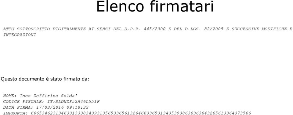 Ines Zeffirina Solda' CODICE FISCALE: IT:SLDNZF52A46L551F DATA FIRMA: 17/03/2016 09:18:33