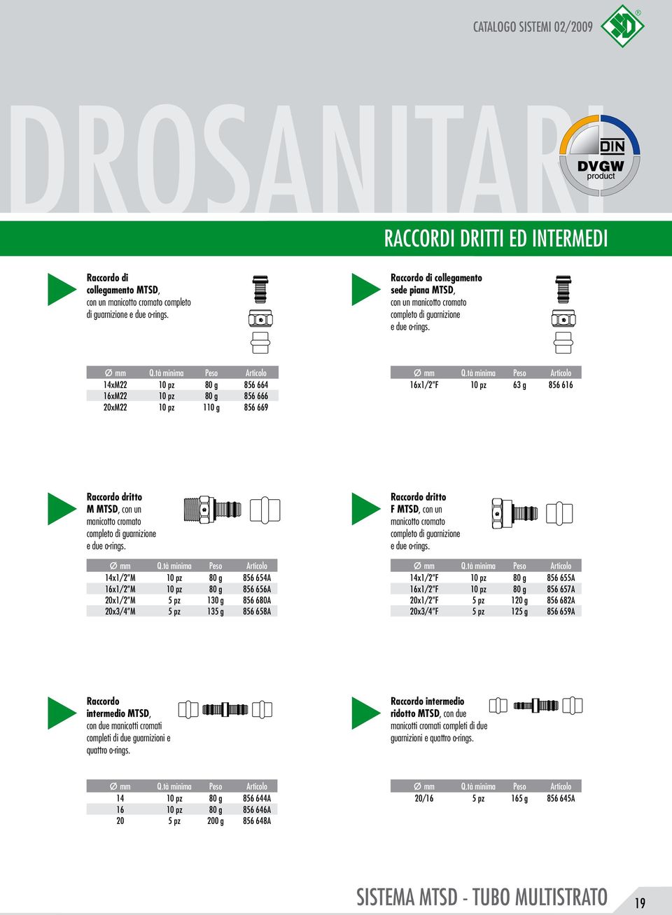 14xM22 10 pz 80 g 856 664 16xM22 10 pz 80 g 856 666 20xM22 10 pz 110 g 856 669 16x1/2 F 10 pz 63 g 856 616 Raccordo dritto M MTSD, con un manicotto cromato completo di guarnizione e due o-rings.