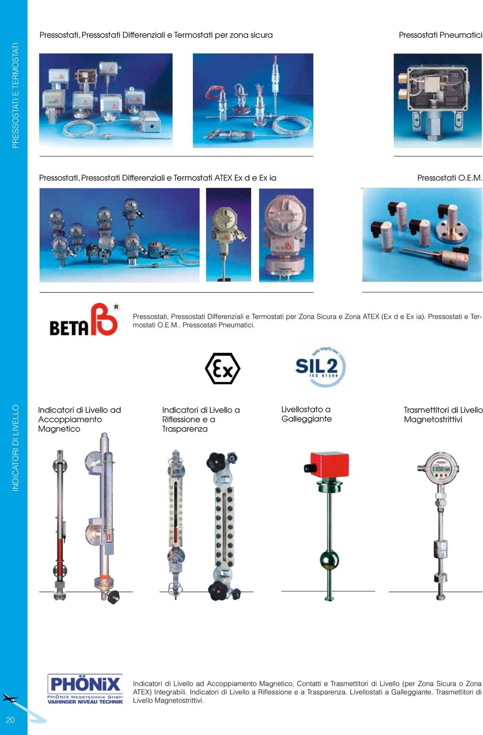 INDICATORI DI LIVELLO Indicatori di Livello ad Accoppiamento Magnetico Indicatori di Livello a Riflessione e a Trasparenza Livellostato a Galleggiante Trasmettitori di Livello Magnetostrittivi