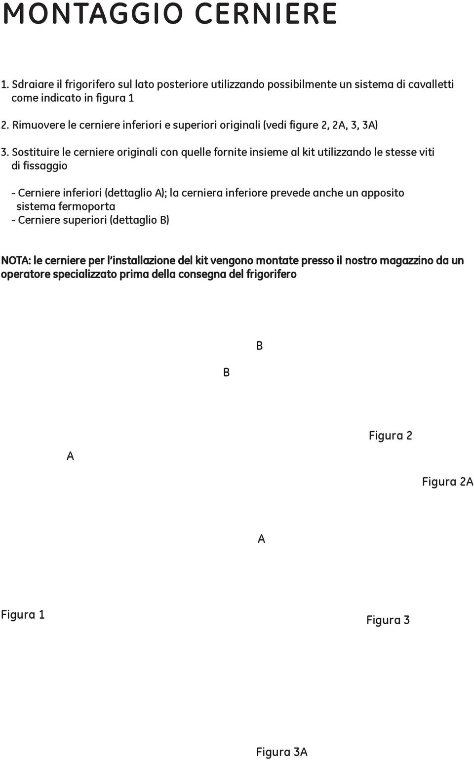 Sostituire le cerniere originali con quelle fornite insieme al kit utilizzando le stesse viti di fissaggio - Cerniere inferiori (dettaglio A); la cerniera inferiore