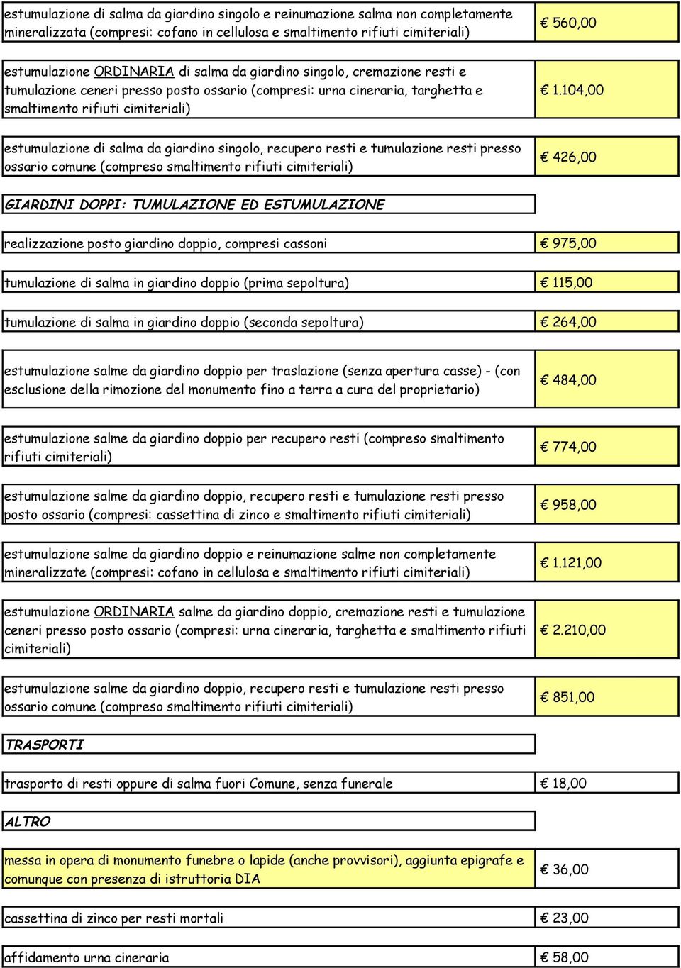 104,00 estumulazione di salma da giardino singolo, recupero resti e tumulazione resti presso ossario comune (compreso smaltimento rifiuti cimiteriali) 426,00 GIARDINI DOPPI: TUMULAZIONE ED