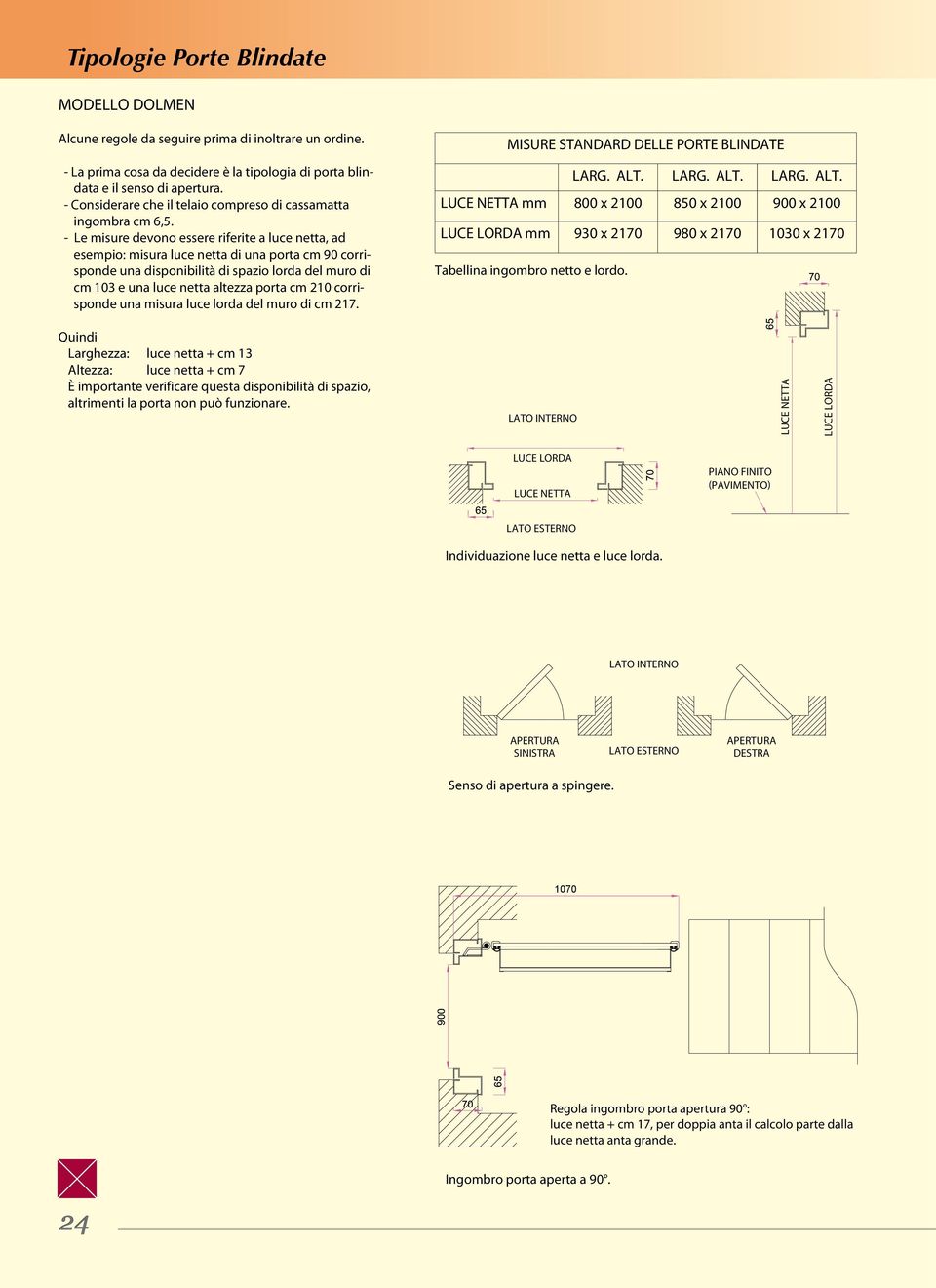 - Le misure devono essere riferite a luce netta, ad esempio: misura luce netta di una porta cm 90 corrisponde una disponibilità di spazio lorda del muro di cm 103 e una luce netta altezza porta cm