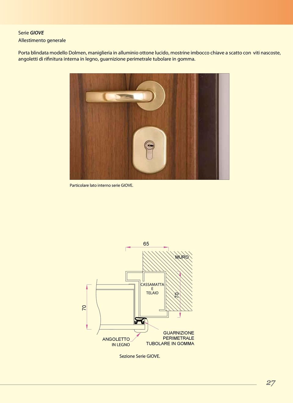 legno, guarnizione perimetrale tubolare in gomma. Particolare lato interno serie GIOVE.