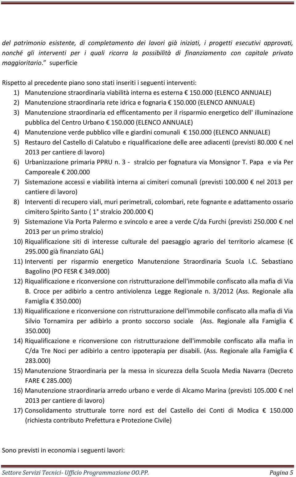 000 (ELENCO ANNUALE) 2) Manutenzione straordinaria rete idrica e fognaria 150.