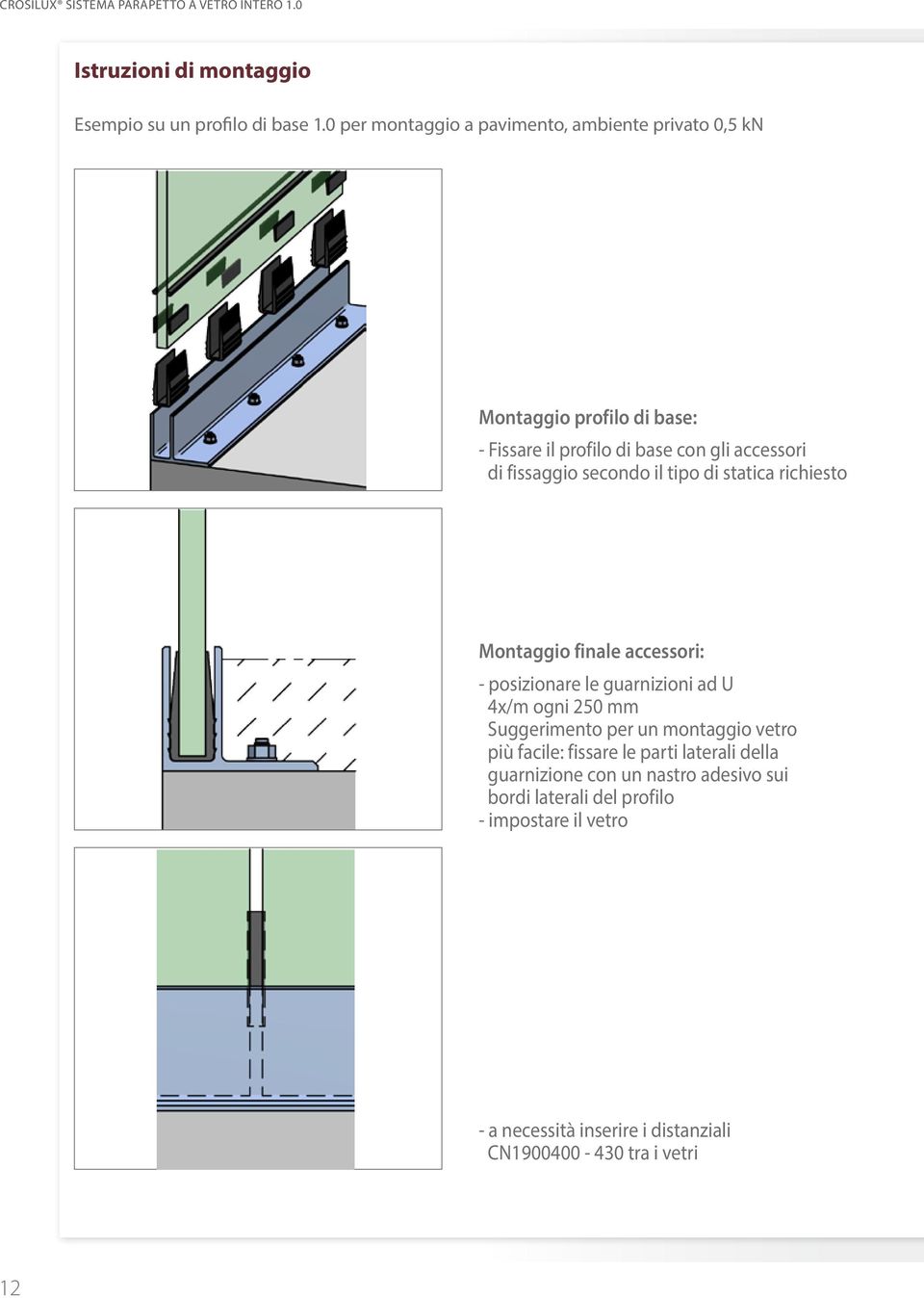 il tipo di statica richiesto Montaggio finale accessori: - posizionare le guarnizioni ad U 4x/m ogni 250 mm Suggerimento per un montaggio vetro più