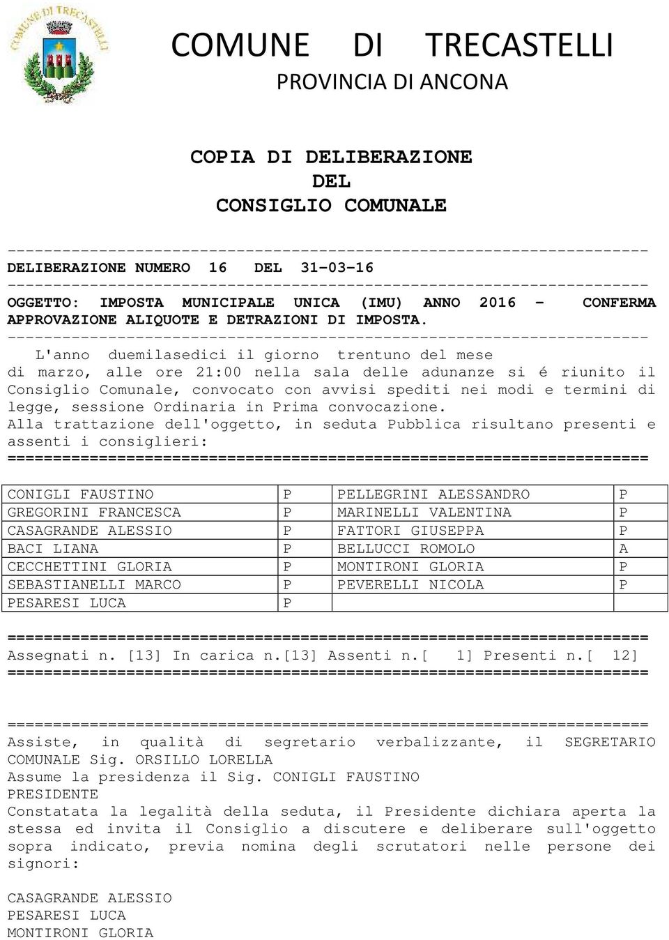 ---------------------------------------------------------------------- L'anno duemilasedici il giorno trentuno del mese di marzo, alle ore 21:00 nella sala delle adunanze si é riunito il Consiglio