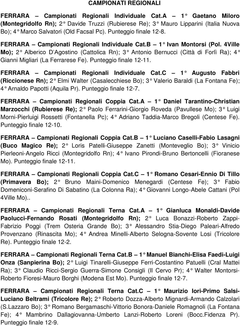 FERRARA Campionati Regionali Individuale Cat.B 1 Ivan Montorsi (Pol. 4Ville Mo); 2 Alberico D Agostino (Cattolica Rn); 3 Antonio Bernucci (Città di Forlì Ra); 4 Gianni Migliari (La Ferrarese Fe).