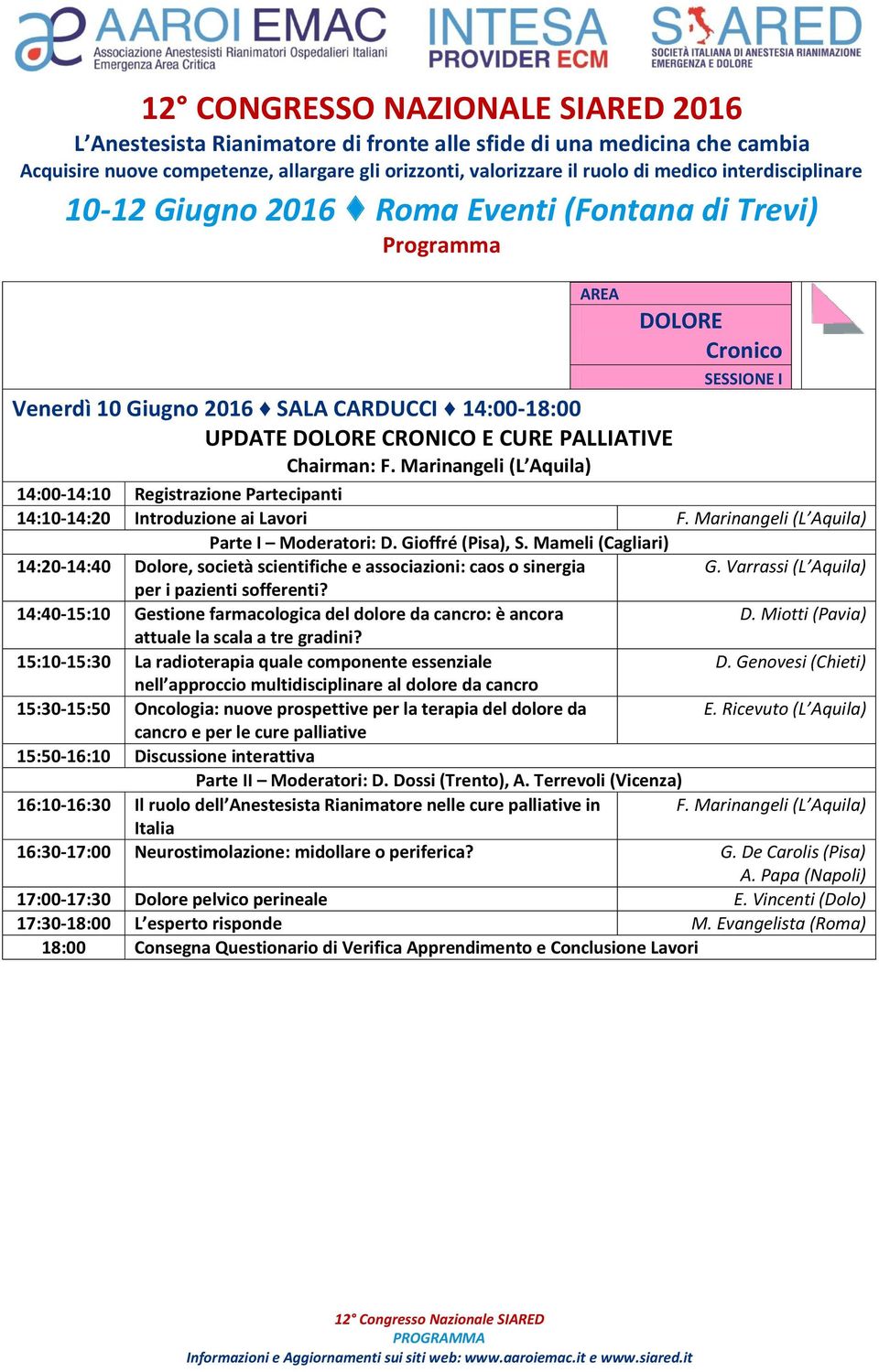 Mameli (Cagliari) 14:20-14:40 Dolore, società scientifiche e associazioni: caos o sinergia G. Varrassi (L Aquila) per i pazienti sofferenti?