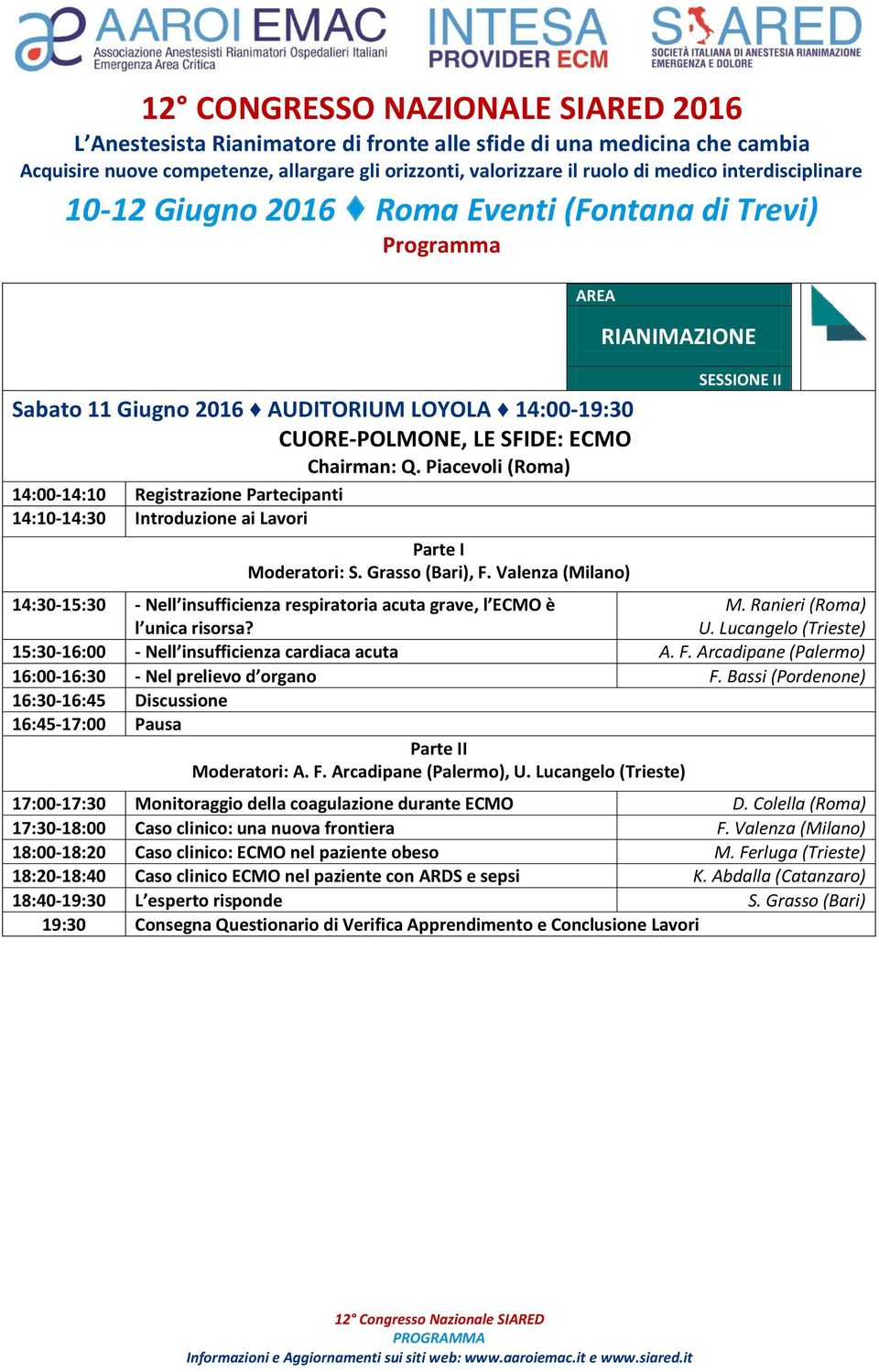 Valenza (Milano) RIANIMAZIONE SESSIONE II 14:30-15:30 - Nell insufficienza respiratoria acuta grave, l ECMO è l unica risorsa? M. Ranieri (Roma) U.