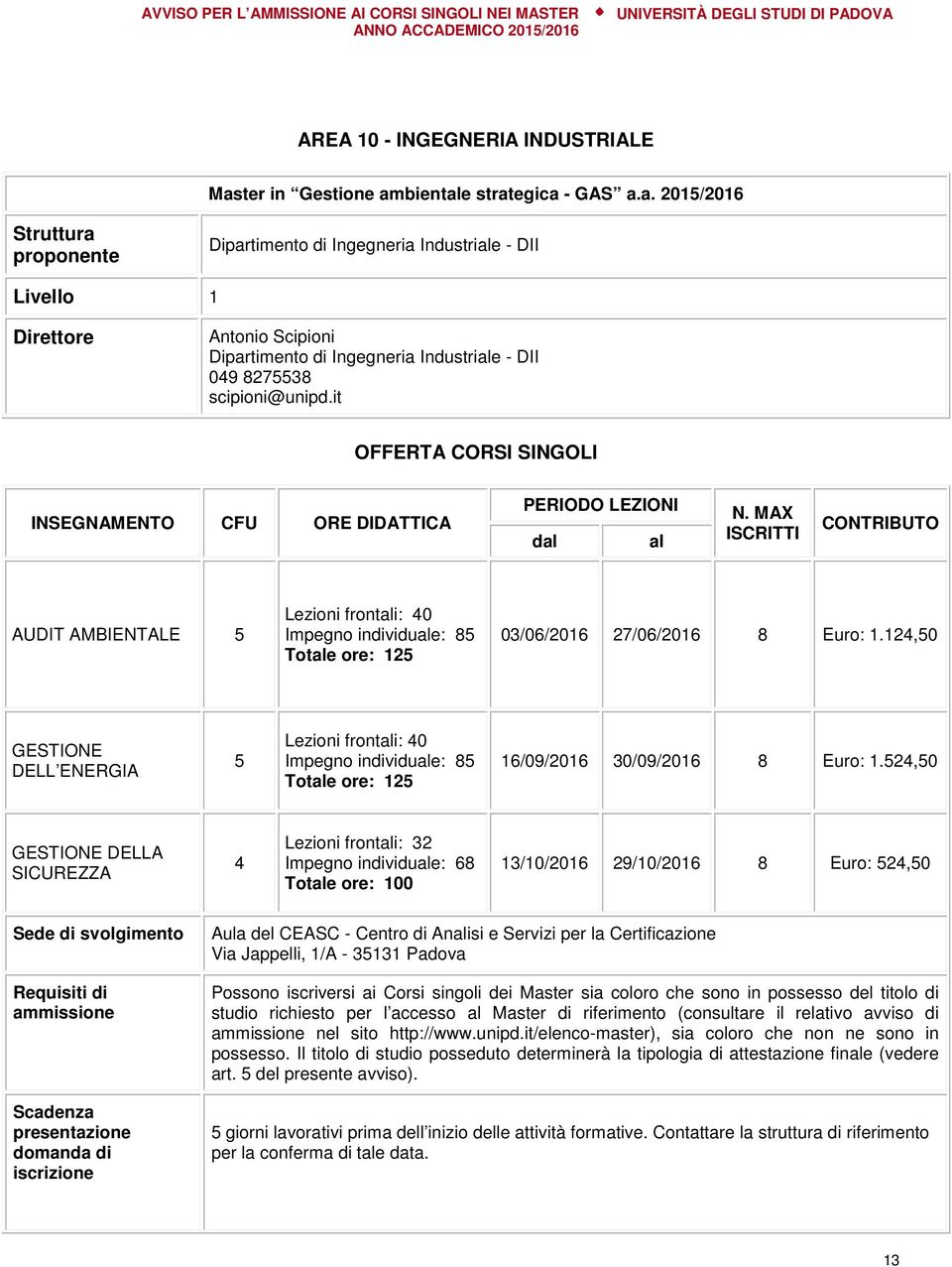 it OFFERTA CORSI SINGOLI INSEGNAMENTO CFU ORE DIDATTICA PERIODO LEZIONI dal al N.