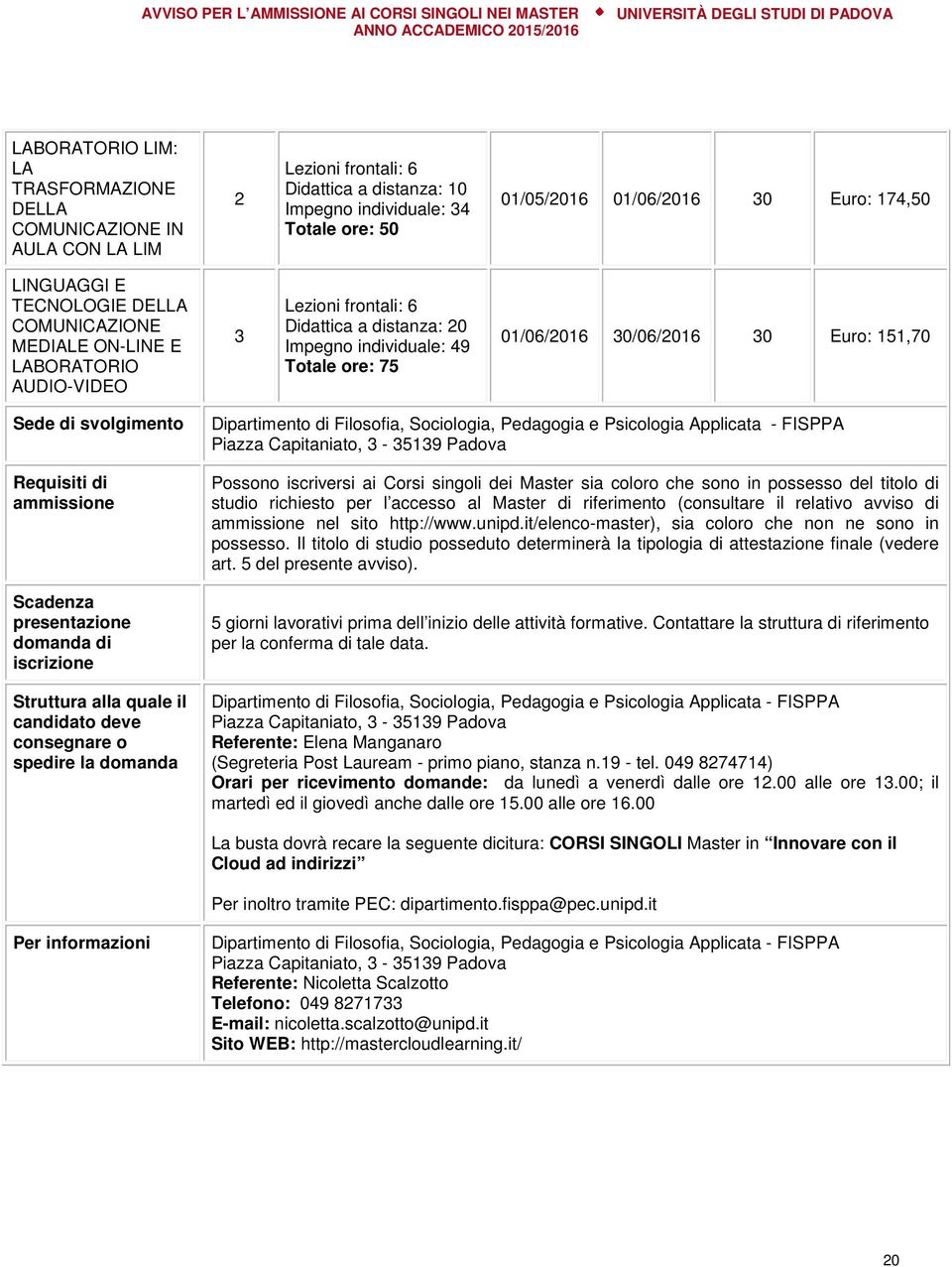 ammissione Scadenza presentazione domanda di iscrizione Struttura alla quale il candidato deve consegnare o spedire la domanda Dipartimento di Filosofia, Sociologia, Pedagogia e Psicologia Applicata