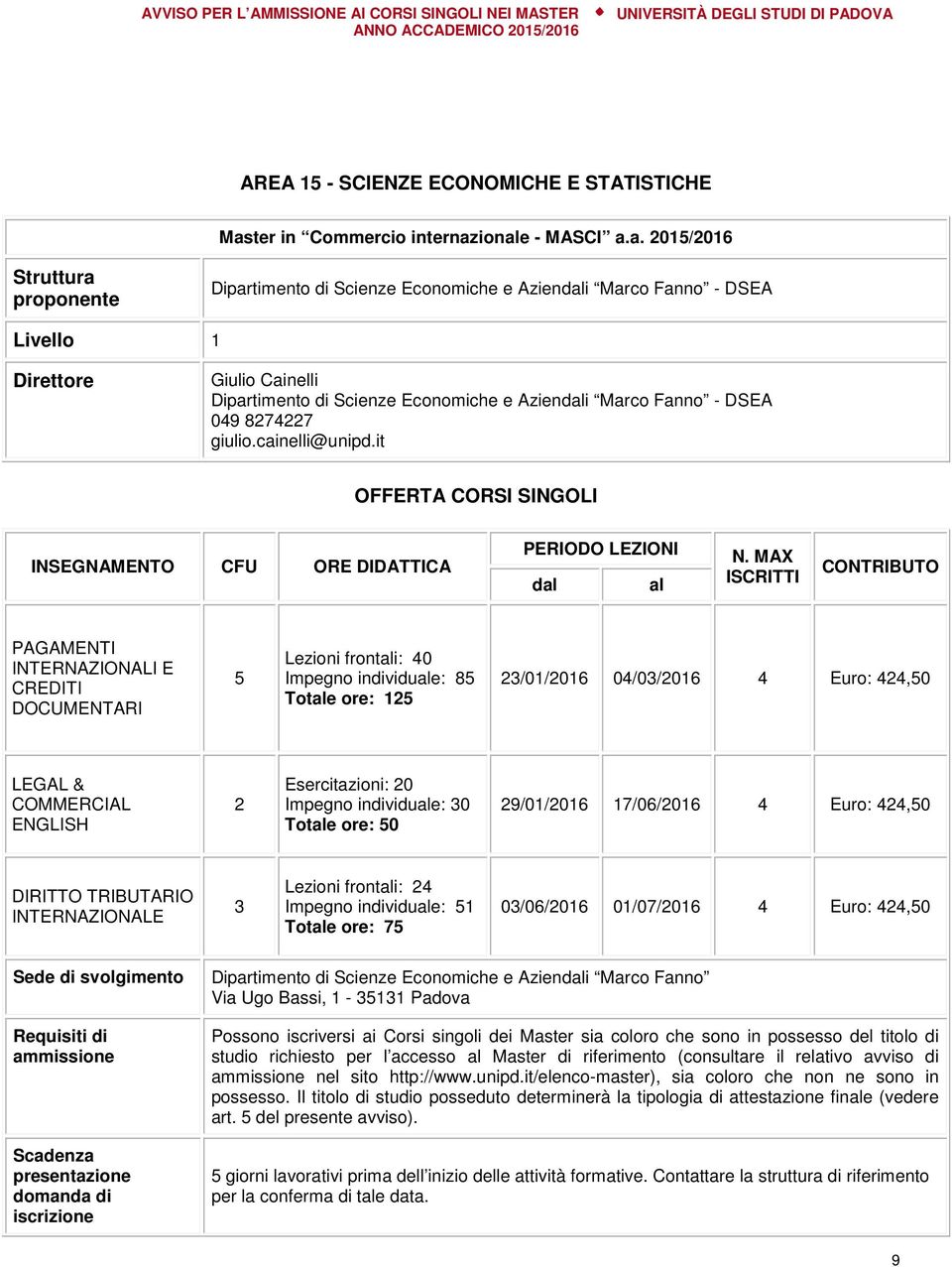 ionale - MASCI a.a. 015/016 Struttura proponente Dipartimento di Scienze Economiche e Aziendali Marco Fanno - DSEA Livello 1 Direttore Giulio Cainelli Dipartimento di Scienze Economiche e Aziendali