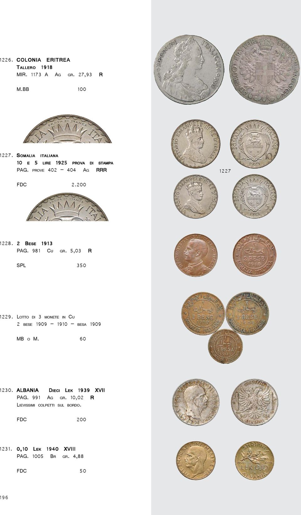 981 CU GR. 5,03 R SPL 350 1229. LOTTO DI 3 MONETE IN CU 2 BESE 1909 1910 BESA 1909 MB O M. 60 1230.