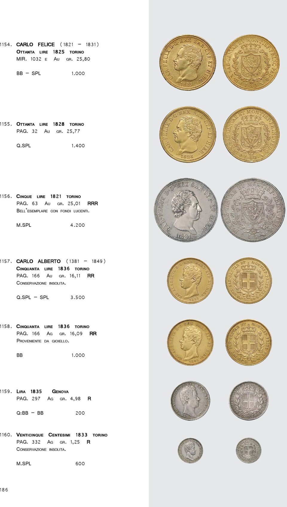 166 AU GR. 16,11 RR CONSERVAZIONE INSOLITA. Q.SPL SPL 3.500 1836 PAG. 166 AG GR. 16,09 RR 1158. CINQUANTA 1836 TORINO PROVENIENTE DA GIOIELLO. BB 1.