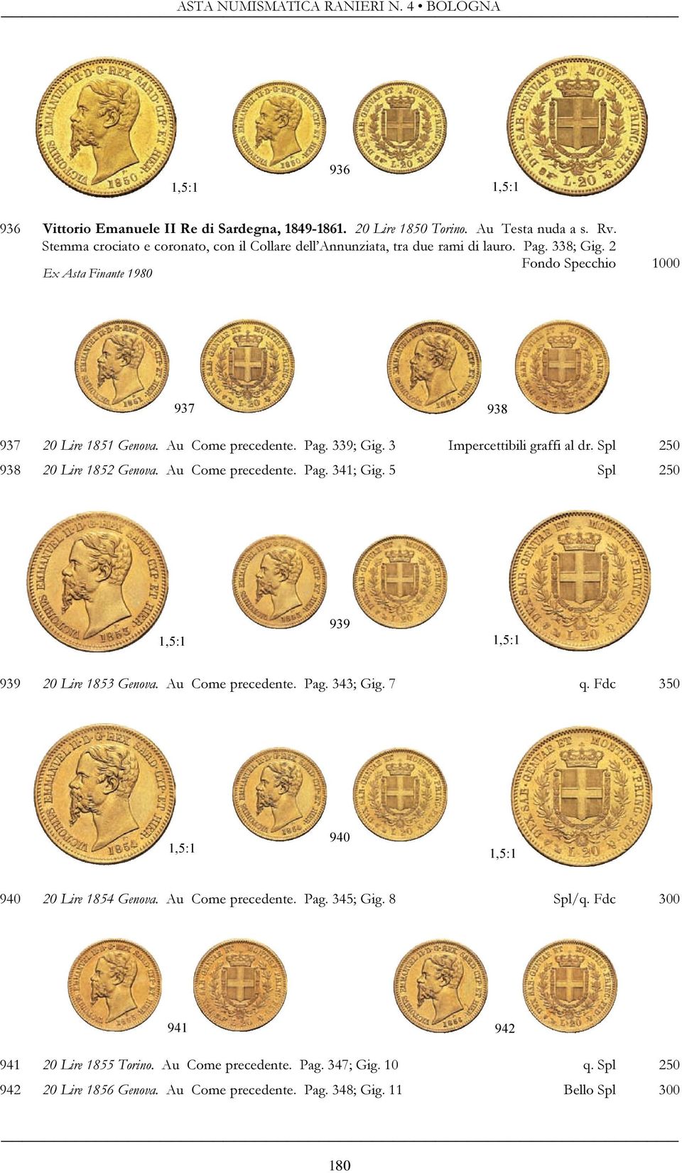 Spl 250 938 20 Lire 1852 Genova. Au Come precedente. Pag. 341; Gig. 5 Spl 250 939 939 20 Lire 1853 Genova. Au Come precedente. Pag. 343; Gig. 7 q. Fdc 350 940 940 20 Lire 1854 Genova.