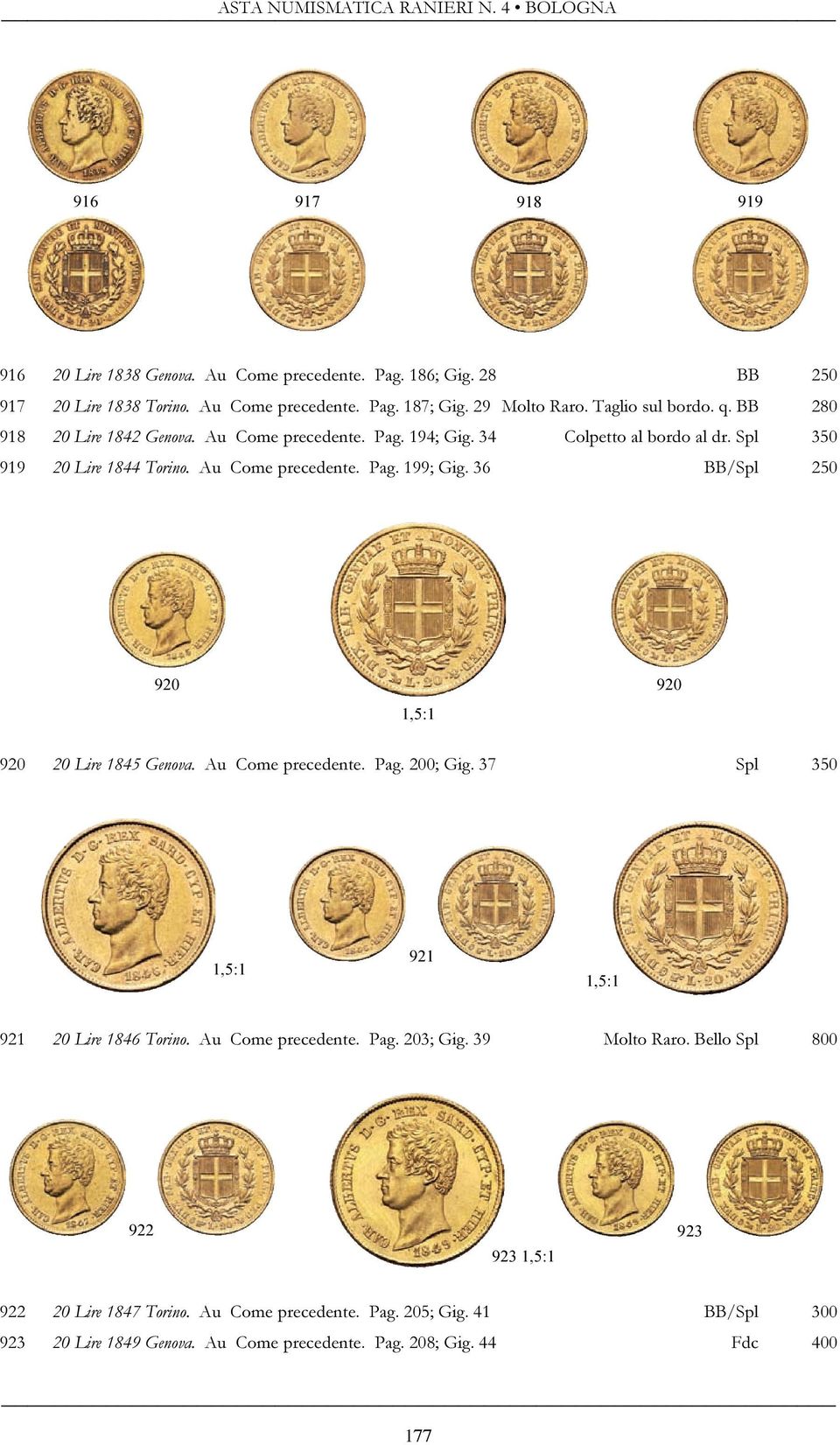 36 BB/Spl 250 920 920 920 20 Lire 1845 Genova. Au Come precedente. Pag. 200; Gig. 37 Spl 350 921 921 20 Lire 1846 Torino. Au Come precedente. Pag. 203; Gig. 39 Molto Raro.