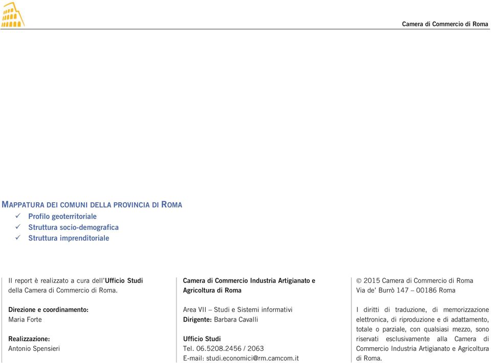 Camera di Commercio Industria Artigianato e Agricoltura di Roma 2015 Camera di Commercio di Roma Via de Burrò 147 00186 Roma Direzione e coordinamento: Maria Forte Realizzazione: Antonio