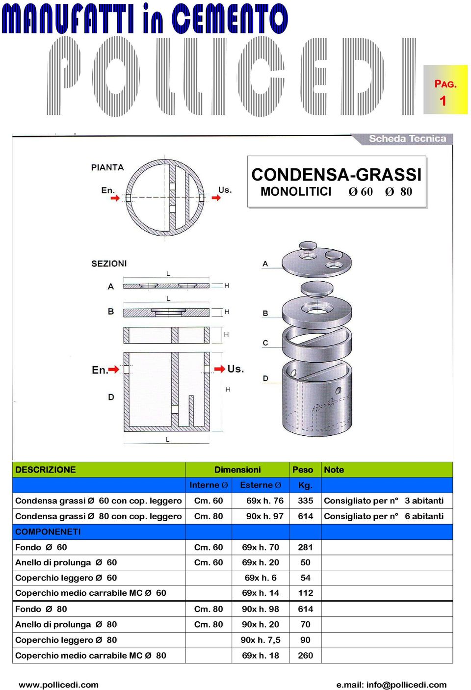 97 614 Consigliato per n 6 abitanti COMPONENETI Fondo Ø 60 Cm. 60 69x h. 70 281 Anello di prolunga Ø 60 Cm. 60 69x h. 20 50 Coperchio leggero Ø 60 69x h.